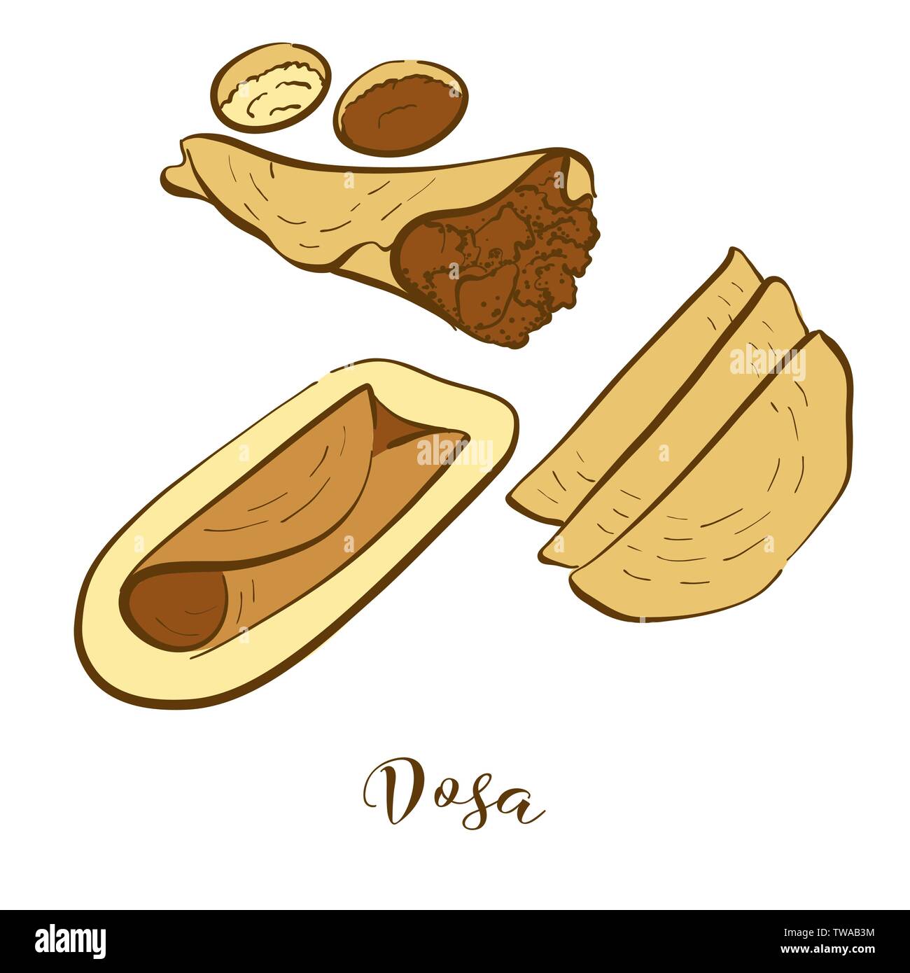 Schizzi colorati di dosa il pane. Per il disegno vettoriale Pancake di cibo, usualmente noto in India. Pane colorato illustrazione serie. Illustrazione Vettoriale