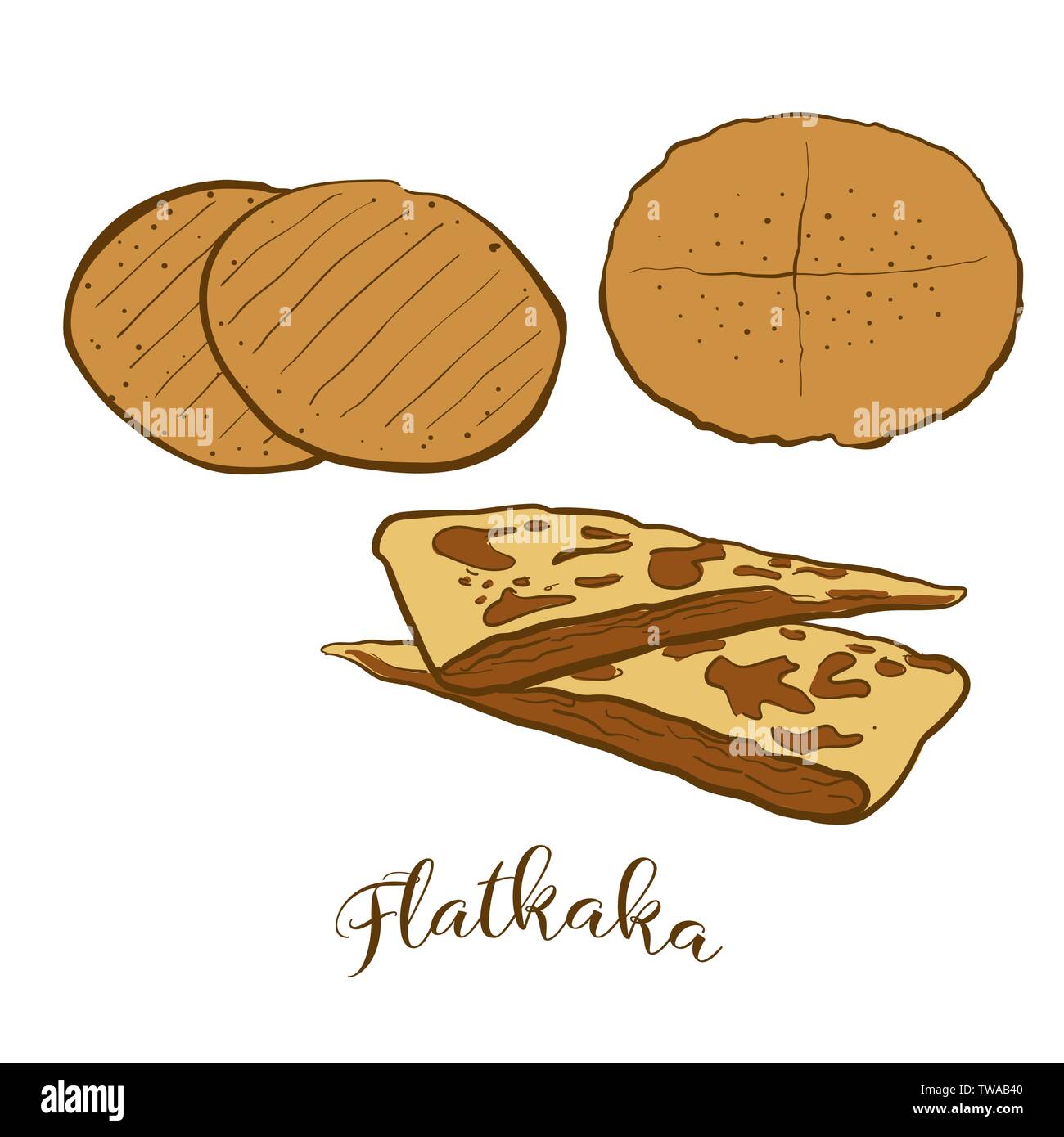Schizzi di colore del pane Flatkaka. Vettore di disegno di pasta alimentare, usualmente noto in Islanda. Pane colorato illustrazione serie. Illustrazione Vettoriale