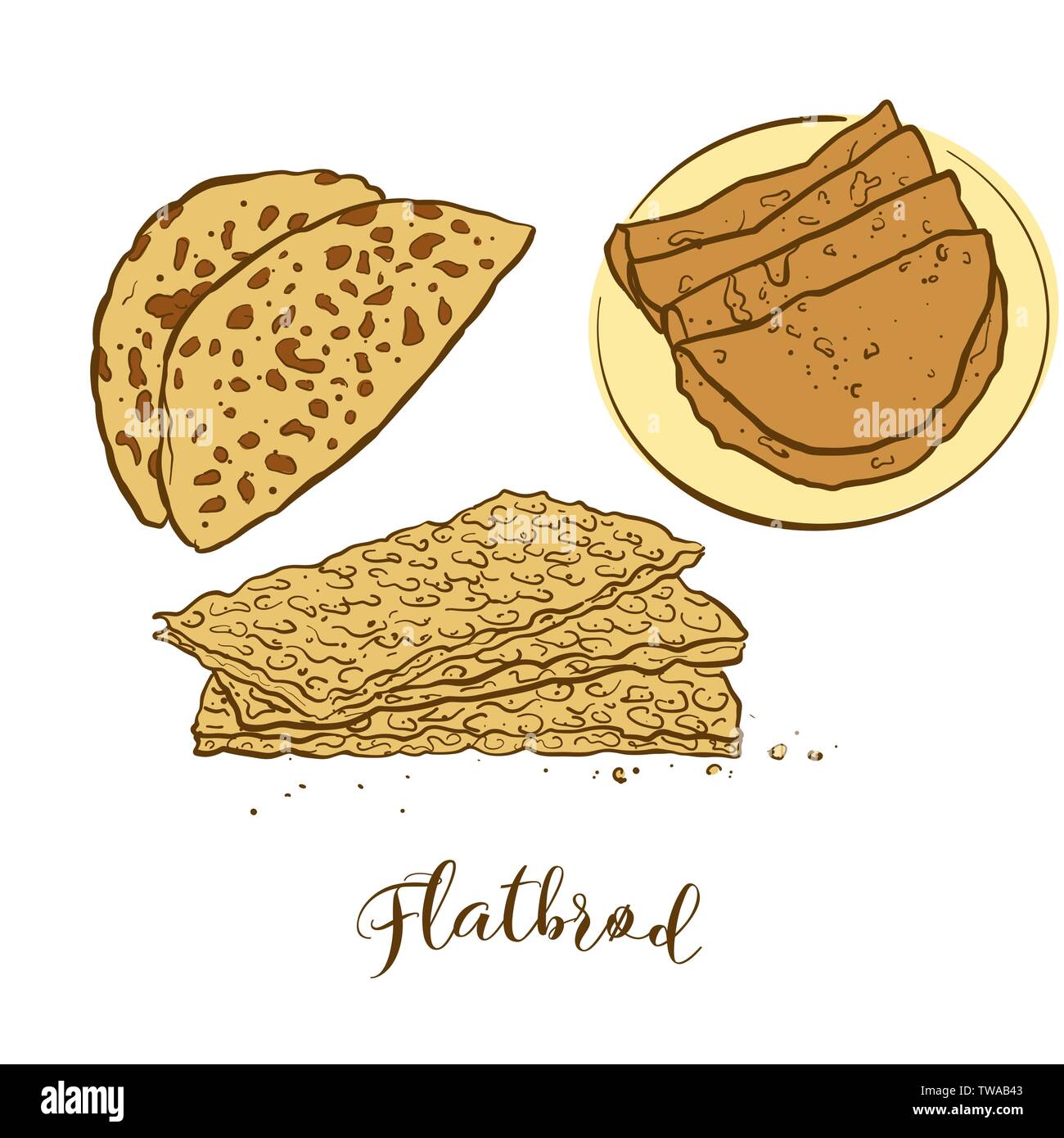 Schizzi di colore del pane Flatbrød. Vettore di disegno di pasta alimentare, usualmente noto in Norvegia. Pane colorato illustrazione serie. Illustrazione Vettoriale