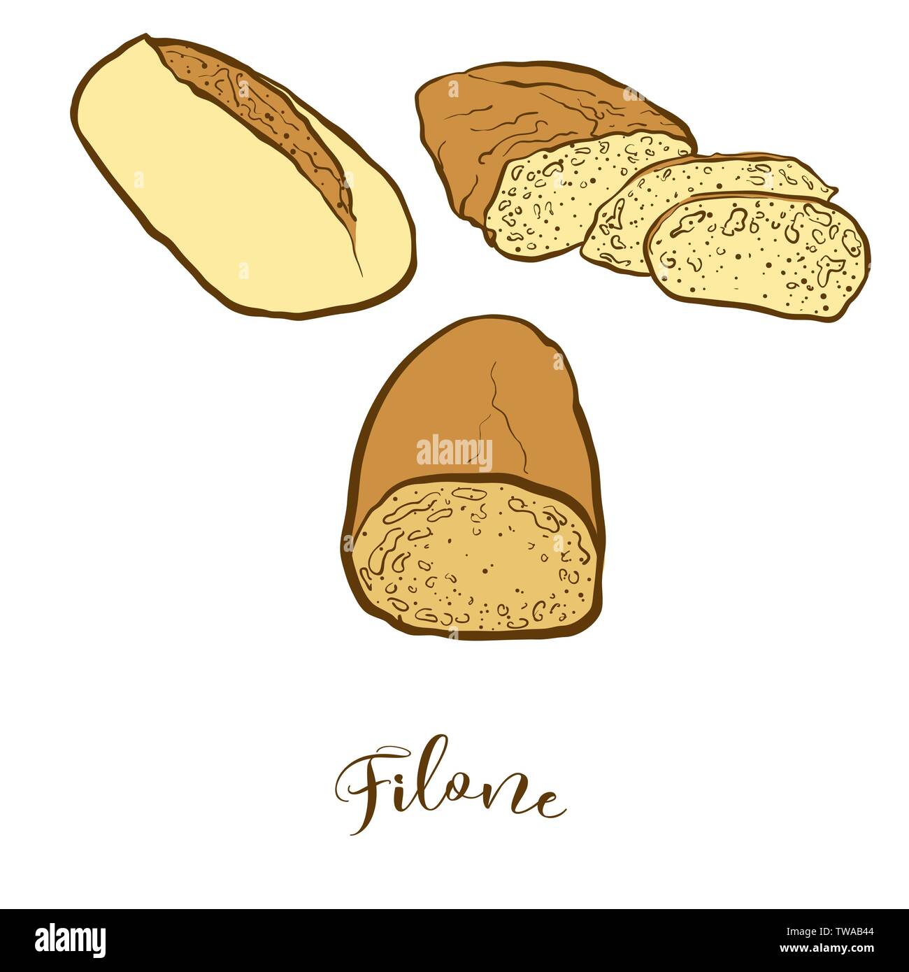 Schizzi di colore del filone di pane. Vettore di disegno di cibo lievitato, usualmente noto in Italia. Pane colorato illustrazione serie. Illustrazione Vettoriale