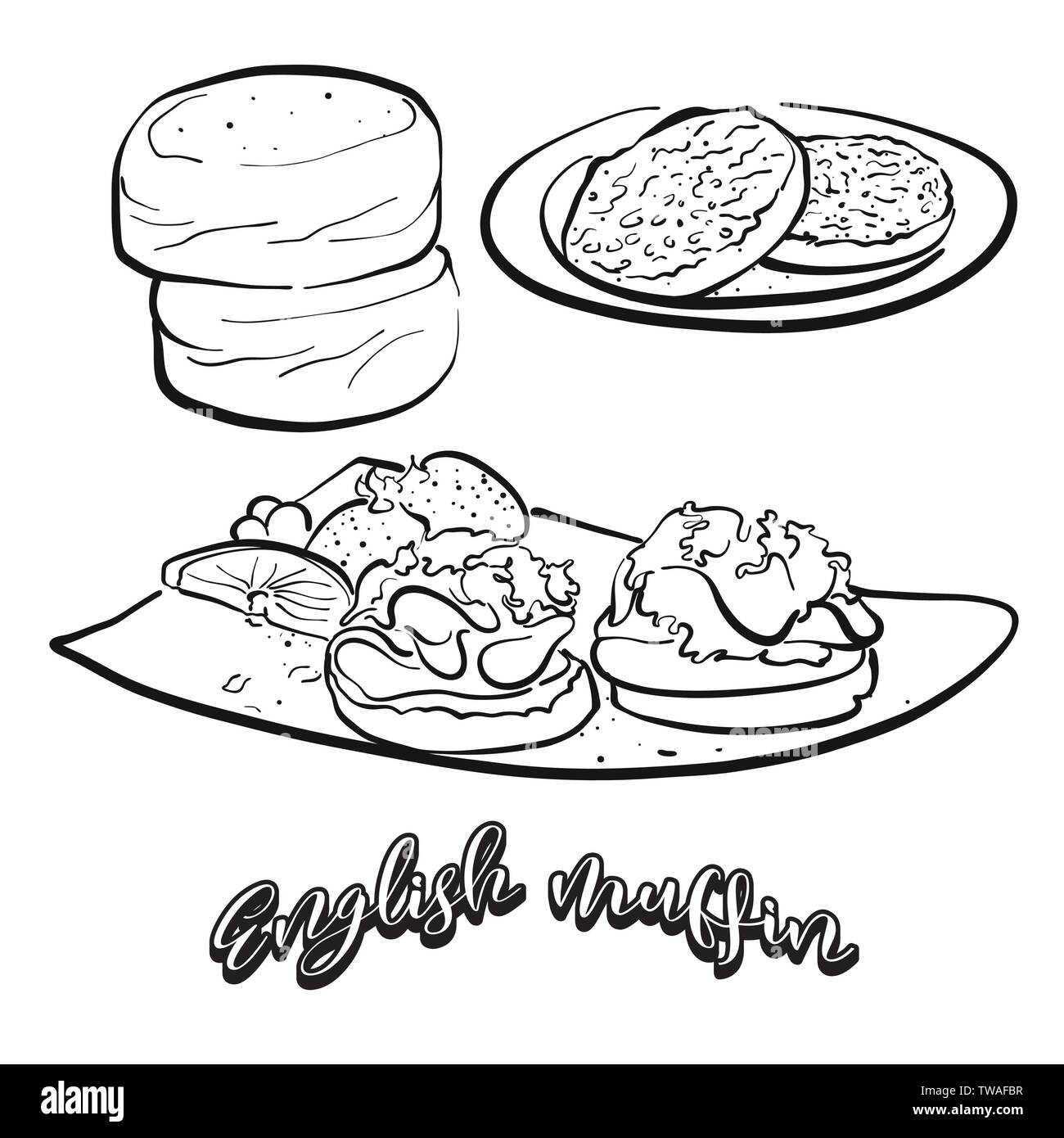 Muffin inglese cibo disegna sulla lavagna. Per il disegno vettoriale di lievito di pane, usualmente noto nel Regno Unito. Illustrazione alimentare serie. Illustrazione Vettoriale
