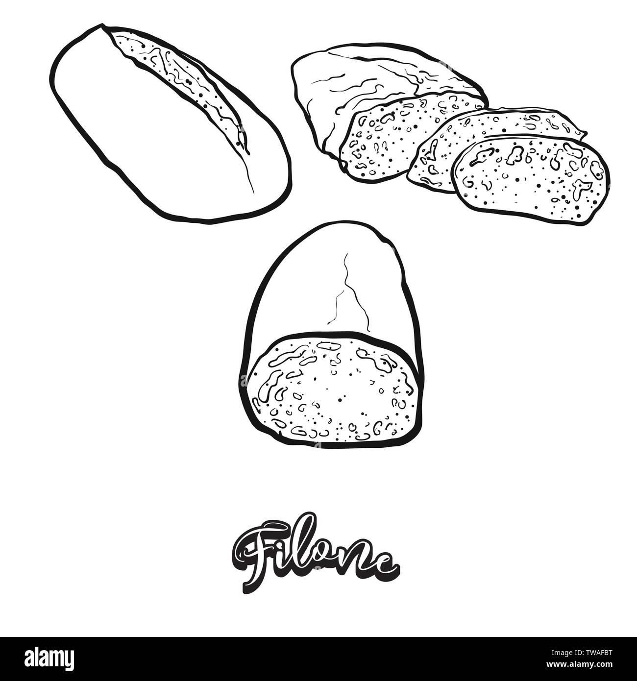 Filone cibo disegna sulla lavagna. Vettore di disegno di lievitata, usualmente noto in Italia. Illustrazione alimentare serie. Illustrazione Vettoriale