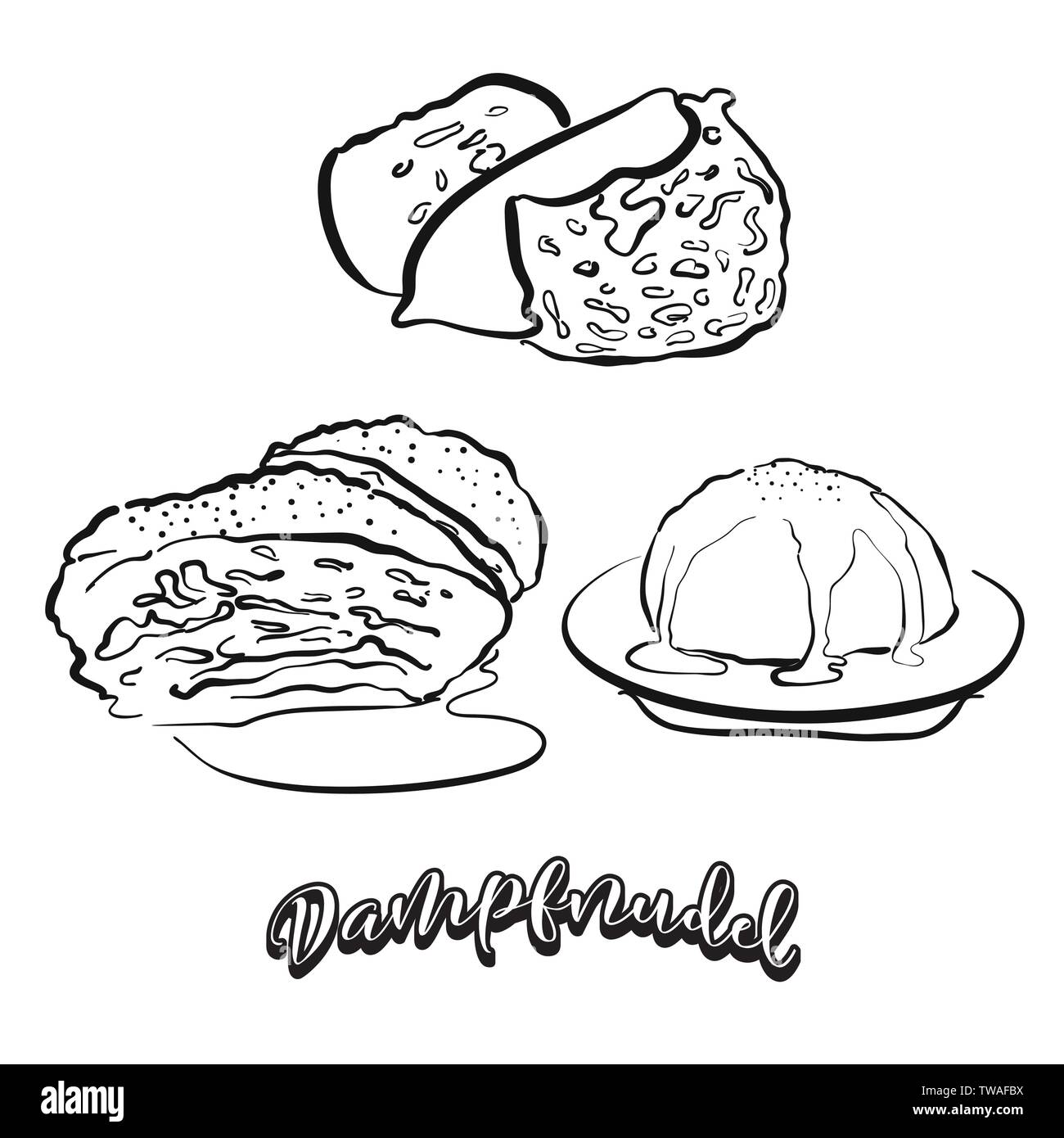 Cibo Dampfnudel schizzo su lavagna. Vettore di disegno di pane dolce, usualmente noto in Germania. Illustrazione alimentare serie. Illustrazione Vettoriale