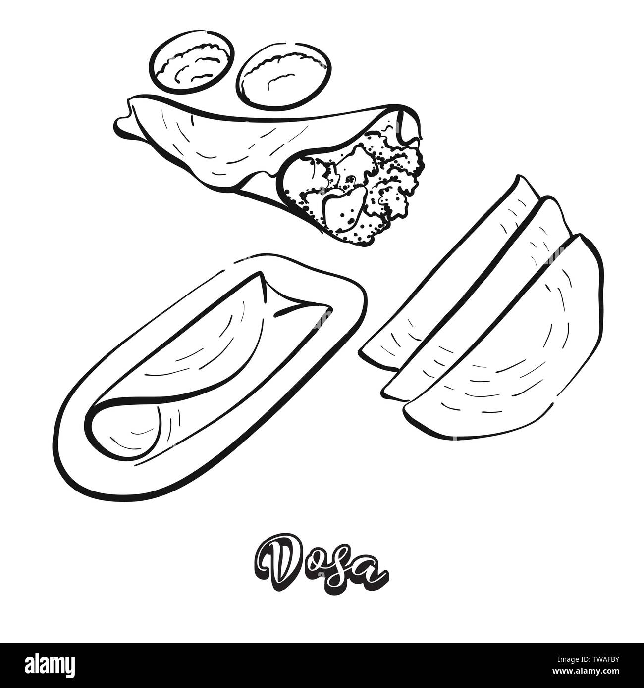 Dosa il cibo disegna sulla lavagna. Vettore di disegno di pancake, usualmente noto in India. Illustrazione alimentare serie. Illustrazione Vettoriale