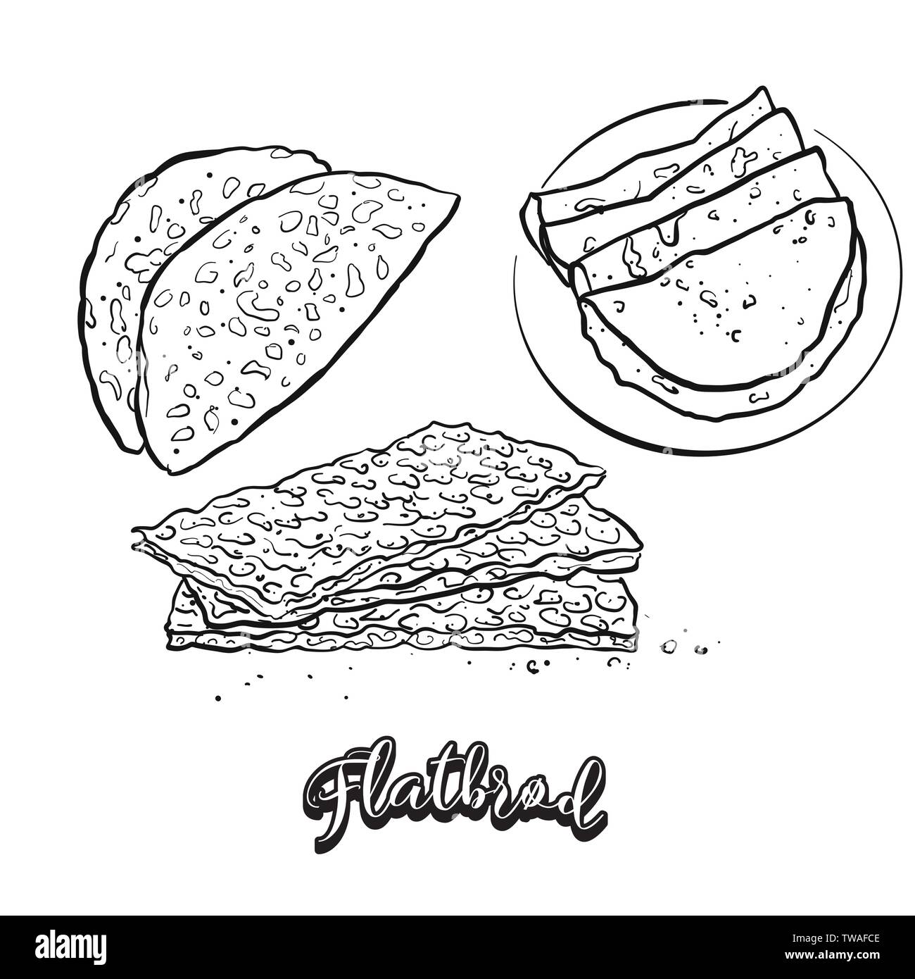 Cibo Flatbrød schizzo su lavagna. Vettore di disegno di focacce, usualmente noto in Norvegia. Illustrazione alimentare serie. Illustrazione Vettoriale