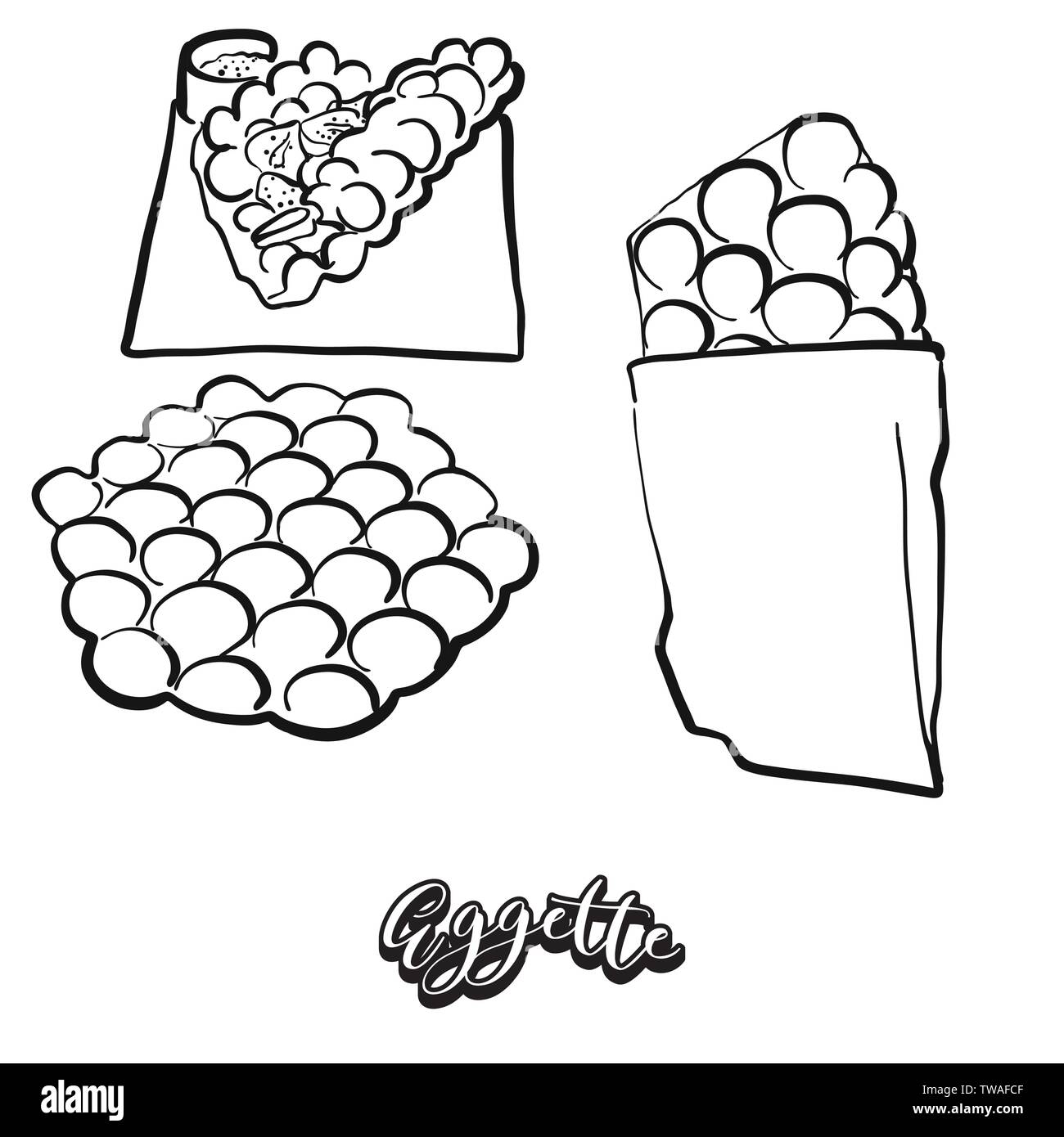 Cibo Eggette schizzo su lavagna. Vettore di disegno di pancake, solitamente del tipo noto di Hong Kong. Illustrazione alimentare serie. Illustrazione Vettoriale