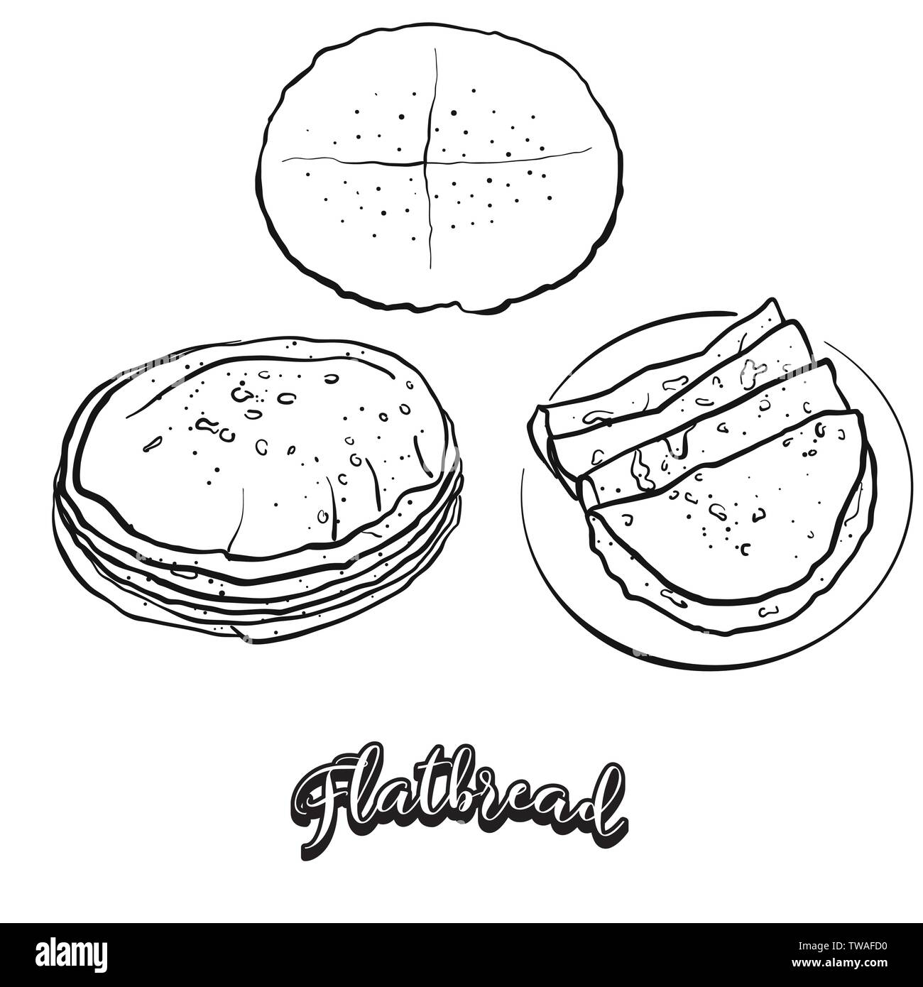 Flatbread cibo disegna sulla lavagna. Vettore di disegno di focacce, solitamente del tipo noto nella . Illustrazione alimentare serie. Illustrazione Vettoriale