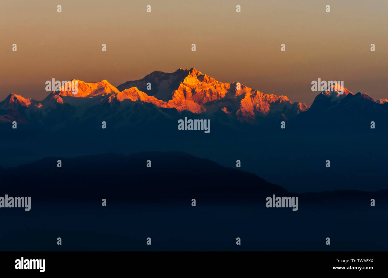 Picchi di Kangchendzonga visto da di Sikkim, India. Foto Stock