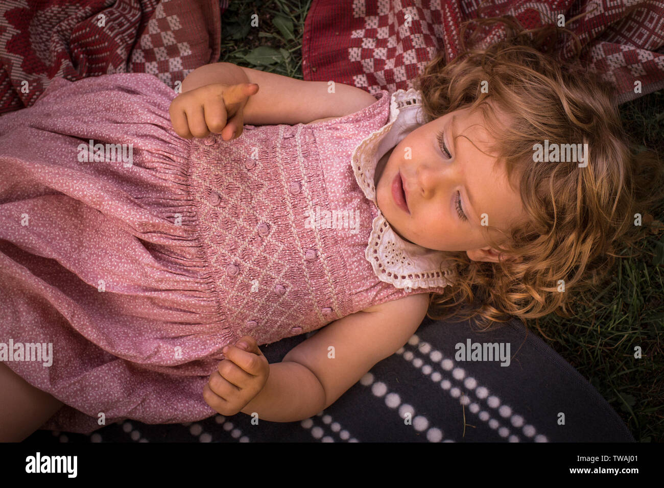 Poco bella, adorabile ragazza con i capelli ricci, nella cute, rosa abito retrò, rilassante al di fuori, posa su coperte, sull'erba Foto Stock