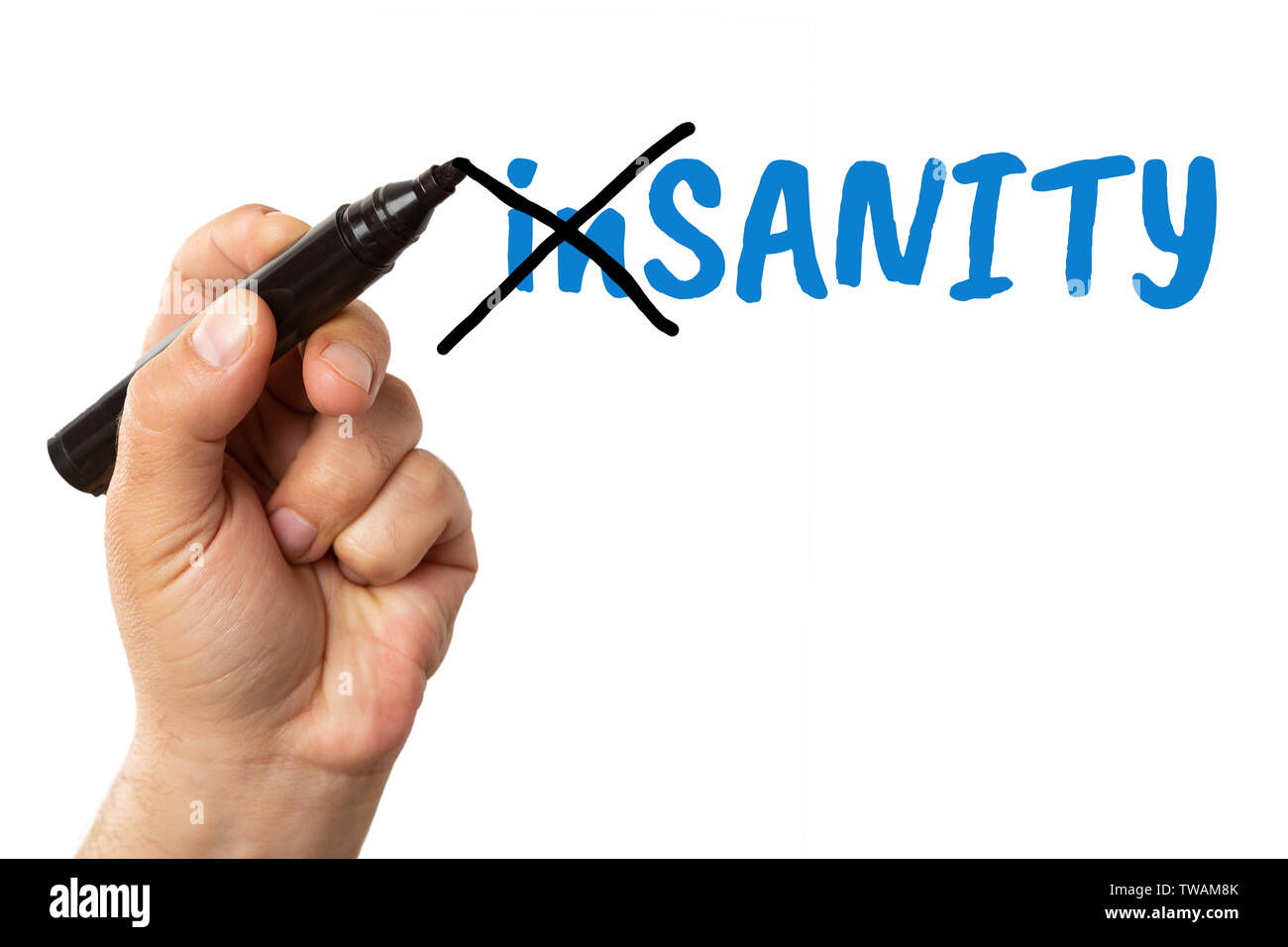 Uomo Blu di attraversamento di pazzia testo con il pennarello nero come la svolta in sanity salute mentale concetto isolato su sfondo bianco Foto Stock