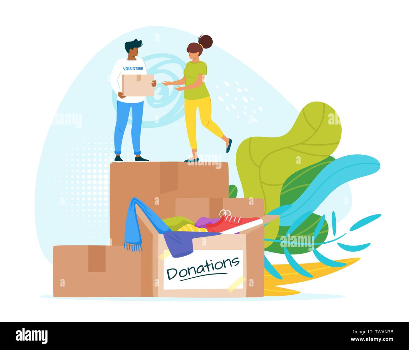 Persone donando vestiti illustrazione vettoriale. Cantiere, garage vendita. Lavoratori Sociali caratteri piatto aiutando i senzatetto. Memore vivere la carità. Bo di cartone Illustrazione Vettoriale