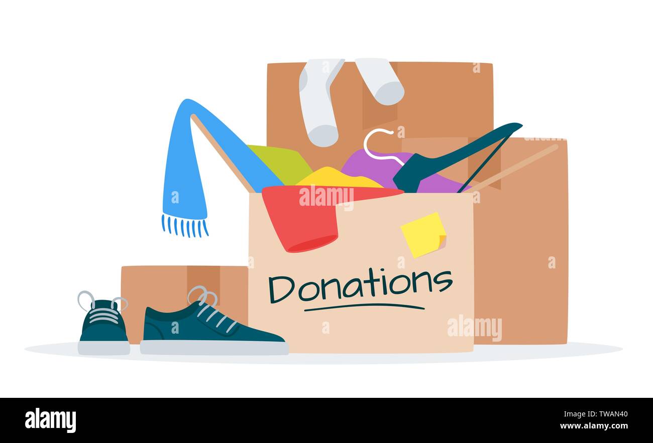 Panni per donazione piatta illustrazione vettoriale. Vendita di garage, il mercato delle pulci, la parsimonia acquista beni. Di seconda mano assortimento del negozio. Articoli di abbigliamento, scarpe e un Illustrazione Vettoriale