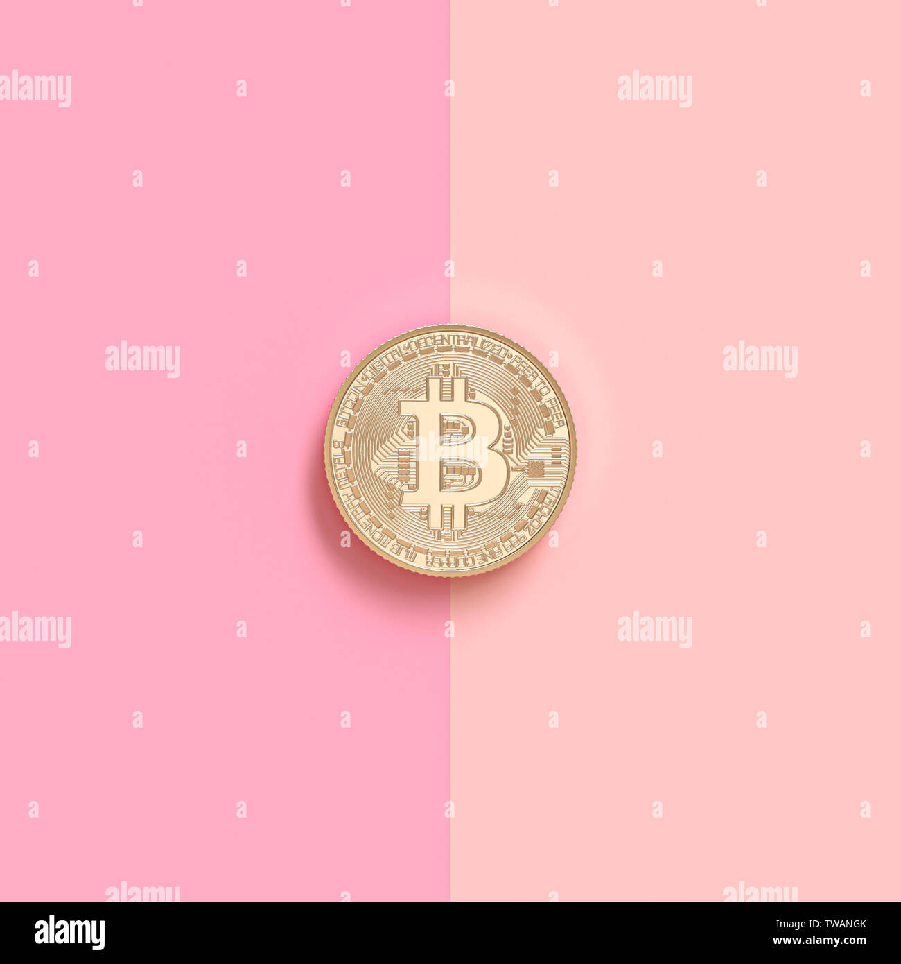 3D render image di un oro moneta bitcoin su uno sfondo rosa in due colori. E Blockchain cryptocurrency concetto. Foto Stock