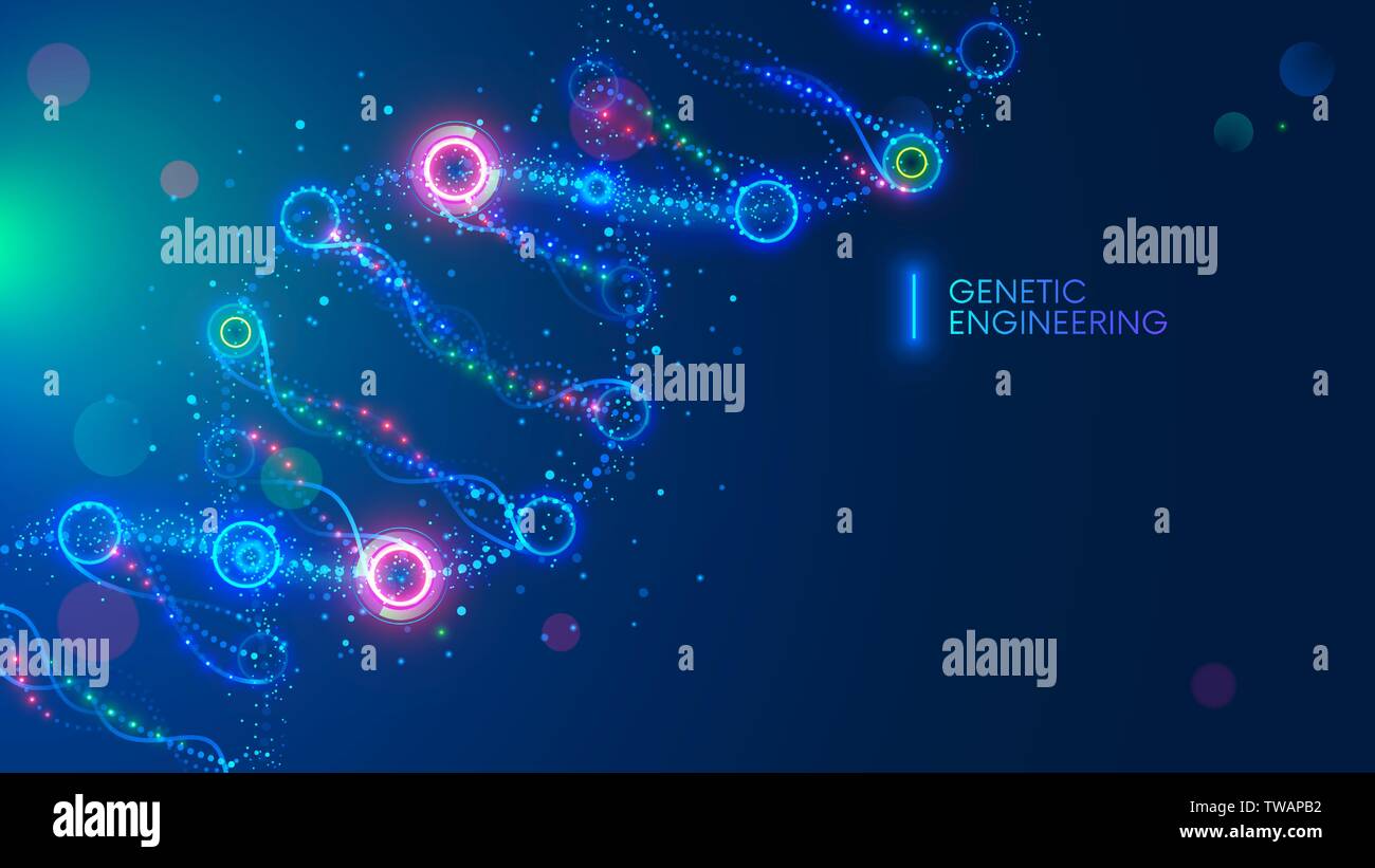 Molecola di DNA illustrazione vettoriale o scienza dello sfondo. Ingegneria genetica e modifica di gene. Sci di tecnologia medica banner concettuale. Microscopiche Illustrazione Vettoriale