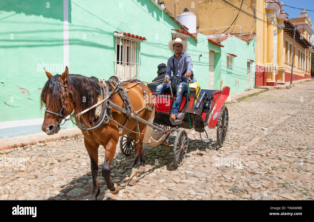Un cavallo e un carrello Taxi a Manaca Iznaga, Cuba. Foto Stock