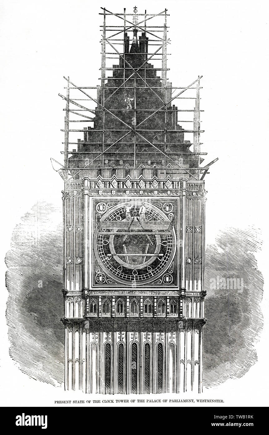 Stato attuale della Torre dell'Orologio, Westminster 1856 Foto Stock