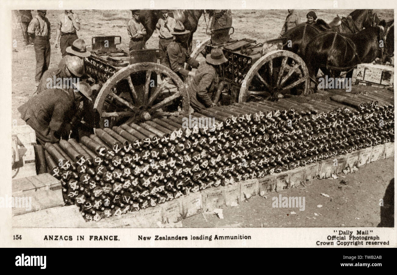 WW1 - Nuova Zelanda Anzac truppe di carico munizioni, Francia Foto Stock