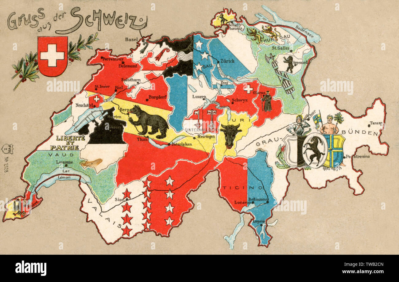 Cartolina di auguri - carta della Svizzera - Cantoni Foto Stock