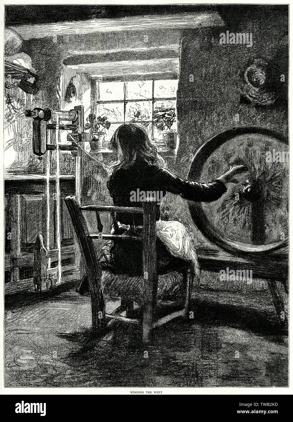 Industrie di cottage, trama di avvolgimento in corrispondenza di una ruota di filatura in Irlanda del Nord. Data: 1888 Foto Stock