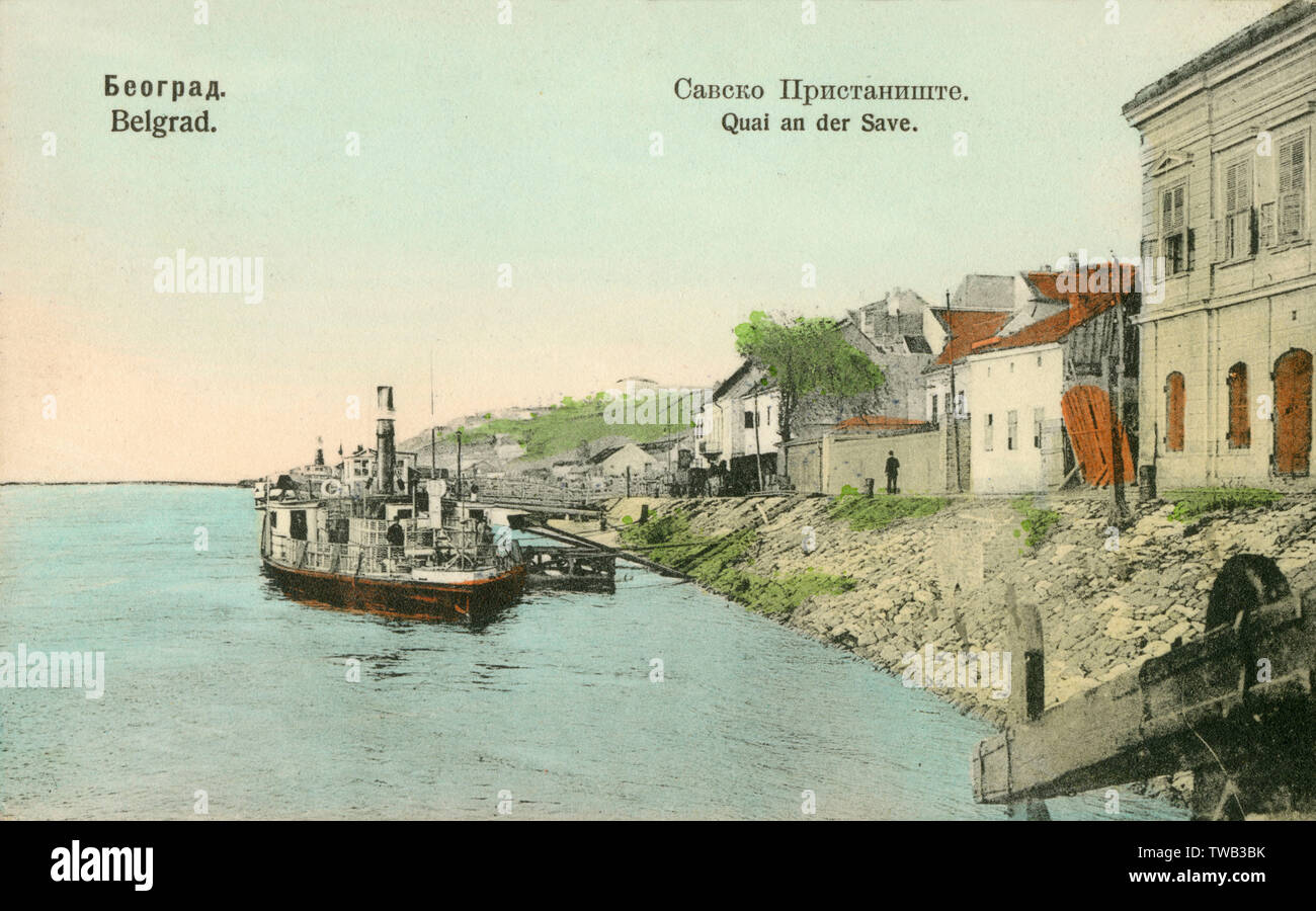 Quay sul fiume Sava - Belgrado, Serbia. Data: 1911 Foto Stock