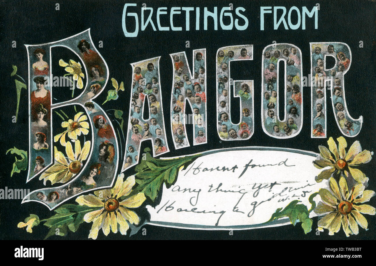 Grande lettera Cartolina da Bangor, Maine, Stati Uniti d'America, la sede della contea di Penobscot County. - Dotato di donne e bambini della città. Data: 1909 Foto Stock