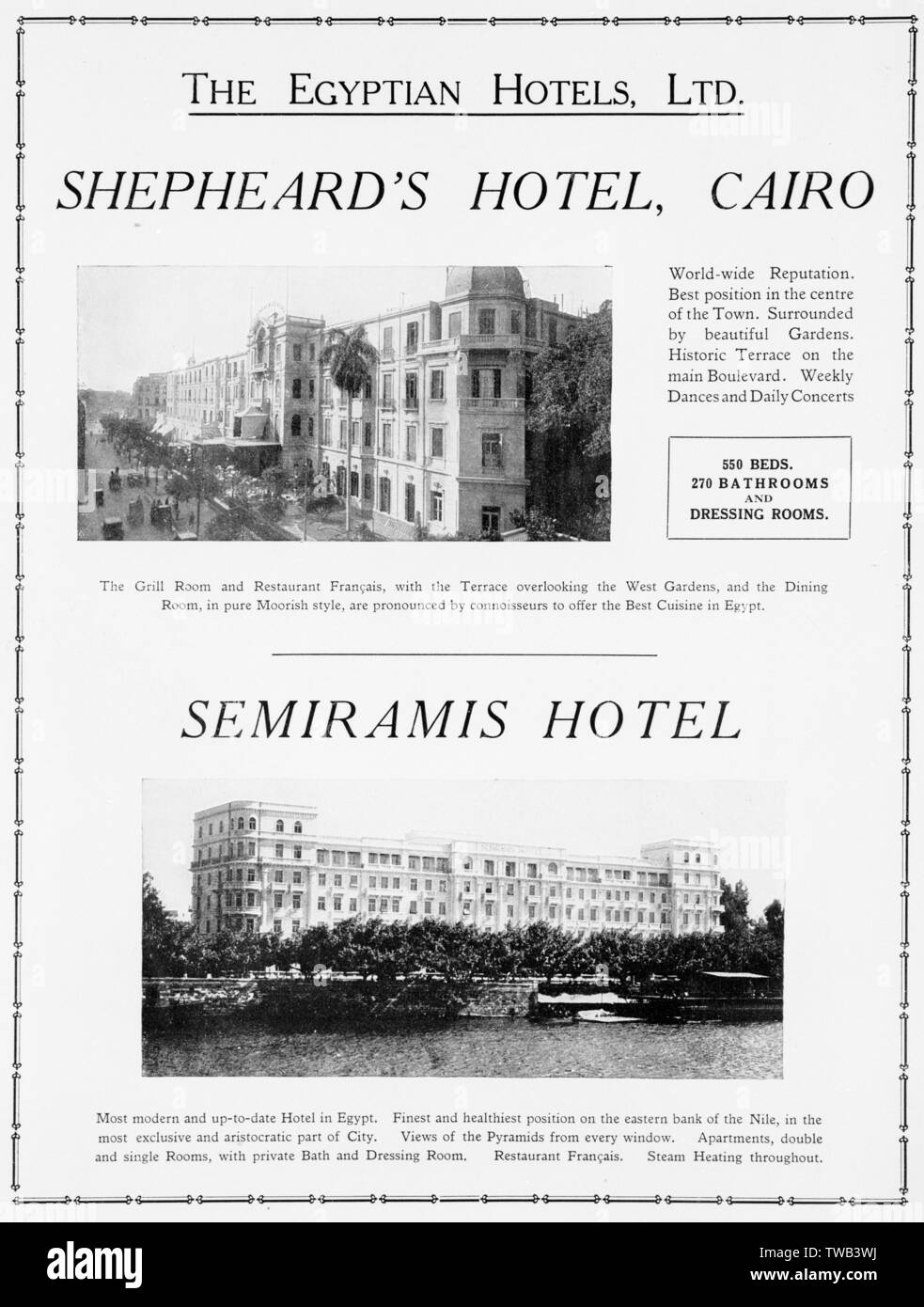 Pubblicità, Shepheard's e Semiramis Hotel, Egitto Foto Stock