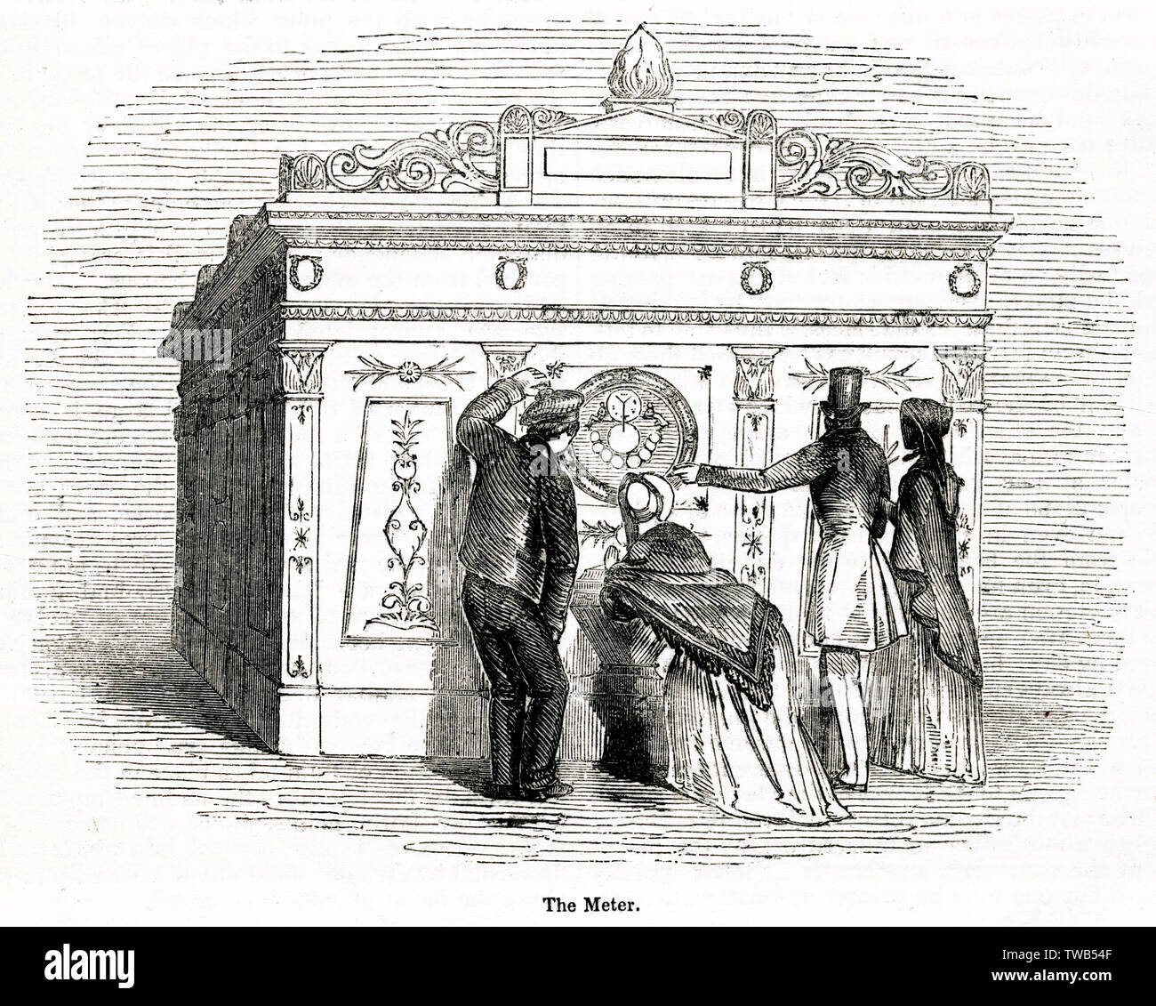 Persone che ispezionano un primo gasometro, Londra Foto Stock