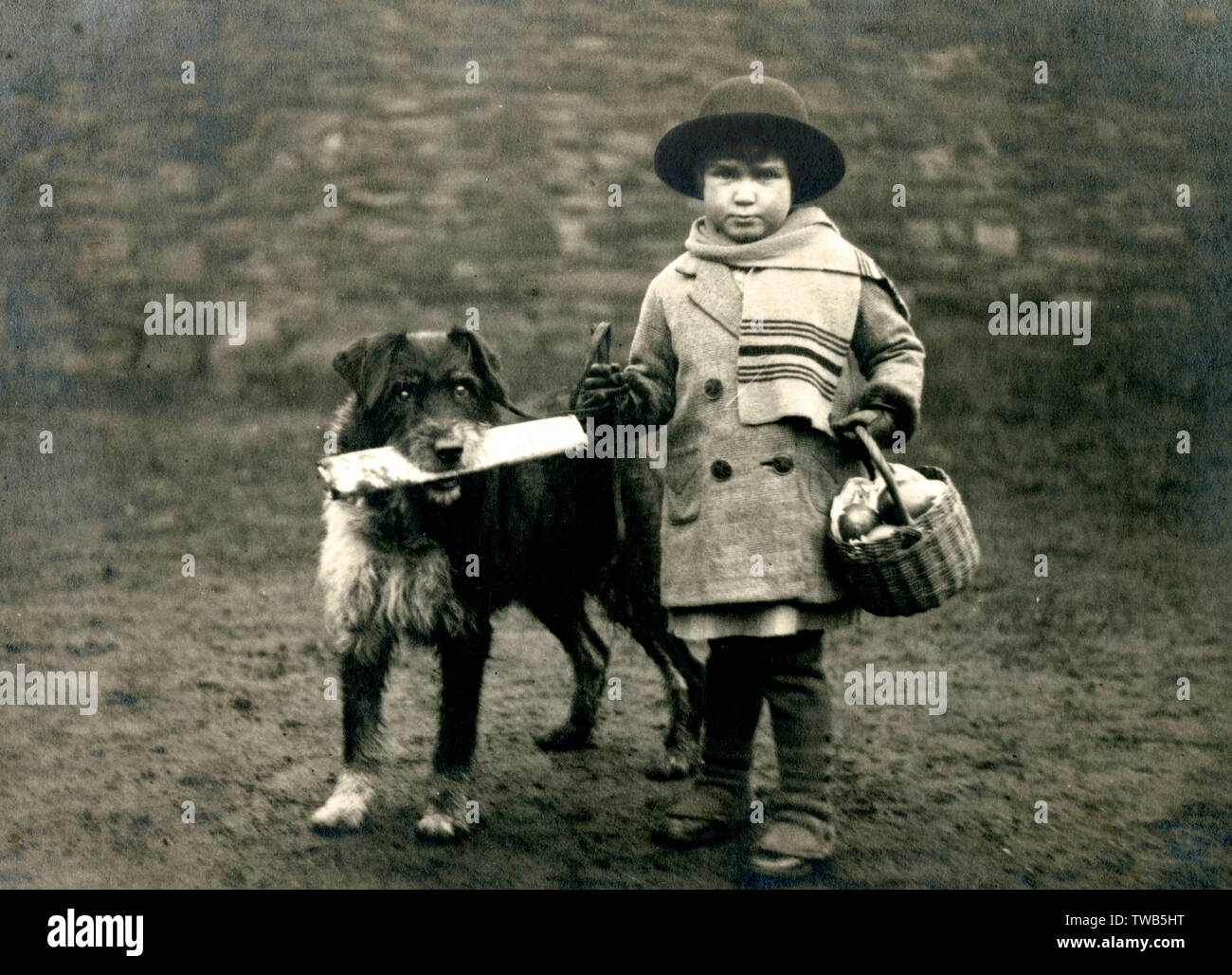 Storia sociale - il cane porta a casa il giornale con il bambino Foto Stock