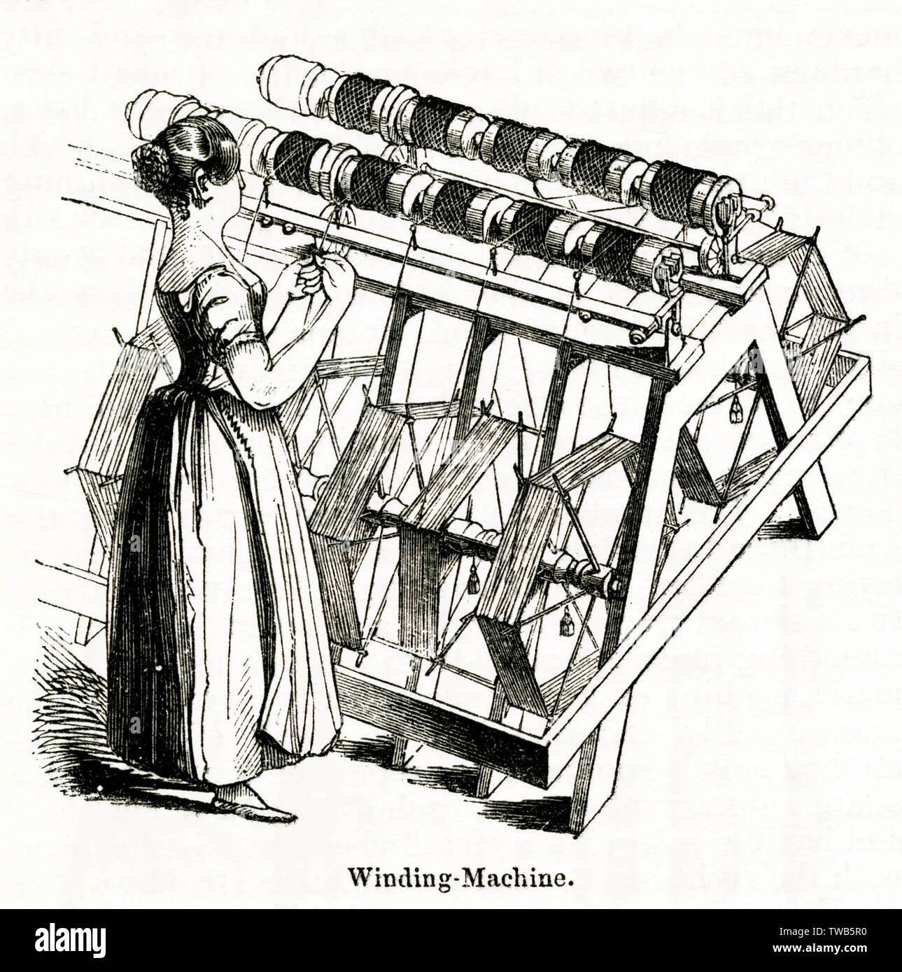 Donna di funzionamento di una macchina di avvolgimento al vecchio mulino di seta, Derby. Data: 1843 Foto Stock Donna di funzionamento di una macchina di avvolgimento al vecchio mulino di seta, Derby. Data: 1843 Foto Stock