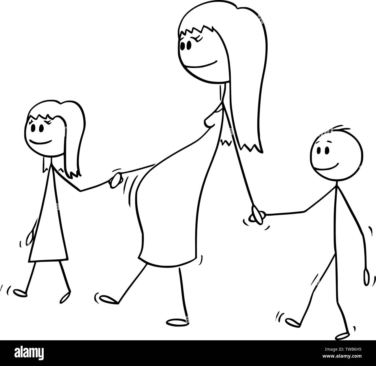 Vector cartoon stick figura disegno illustrazione concettuale della donna incinta o mom o della madre insieme con il piccolo ragazzo e una ragazza o la figlia e il figlio. Essi sono a piedi e tenendo le mani. Illustrazione Vettoriale