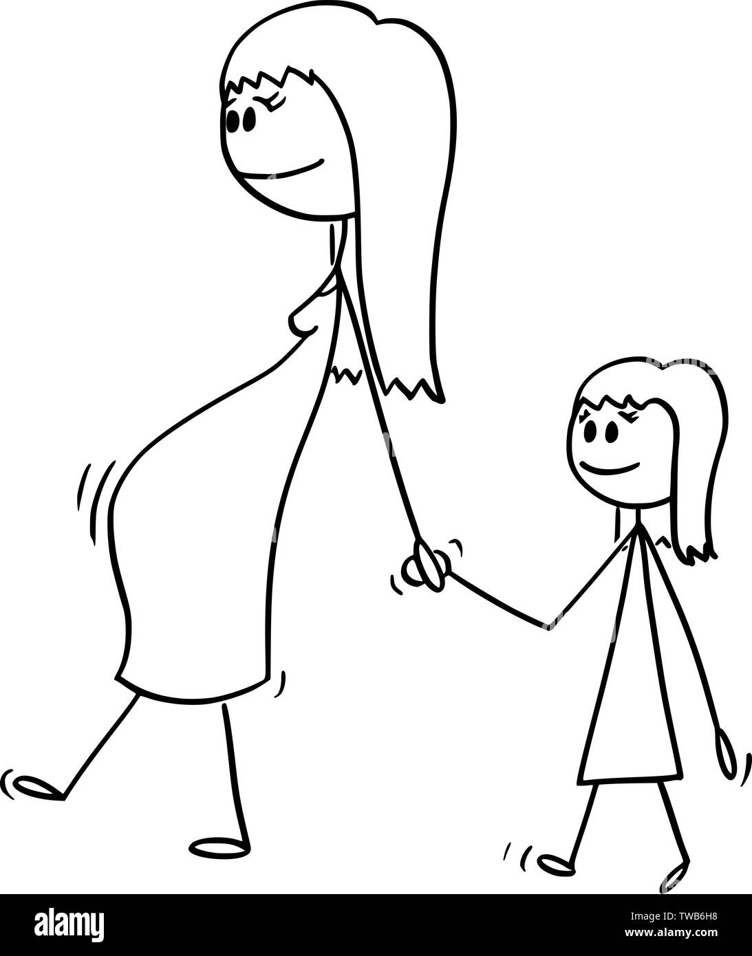 Vector cartoon stick figura disegno illustrazione concettuale della donna durante la gravidanza o la mamma o la madre insieme con una piccola ragazza o figlia. Essi sono a piedi e tenendo le mani. Illustrazione Vettoriale