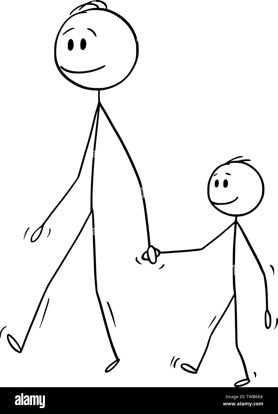 Vector cartoon stick figura disegno illustrazione concettuale dell'uomo o padre o papà insieme con il piccolo ragazzo o figlio. Essi sono a piedi e tenendo le mani. Illustrazione Vettoriale
