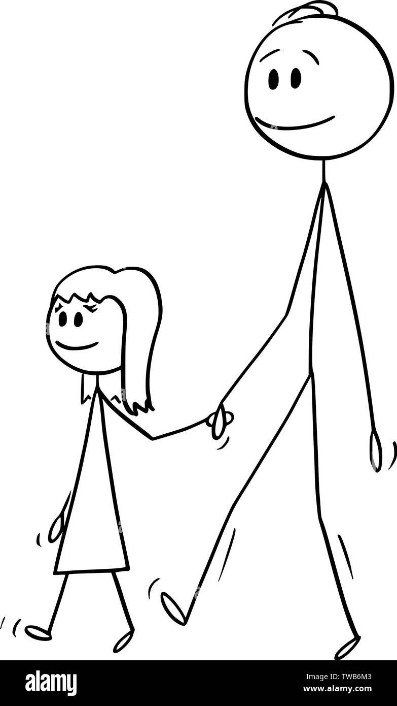 Vector cartoon stick figura disegno illustrazione concettuale dell'uomo o padre o papà insieme a una piccola ragazza o figlia. Essi sono a piedi e tenendo le mani. Illustrazione Vettoriale