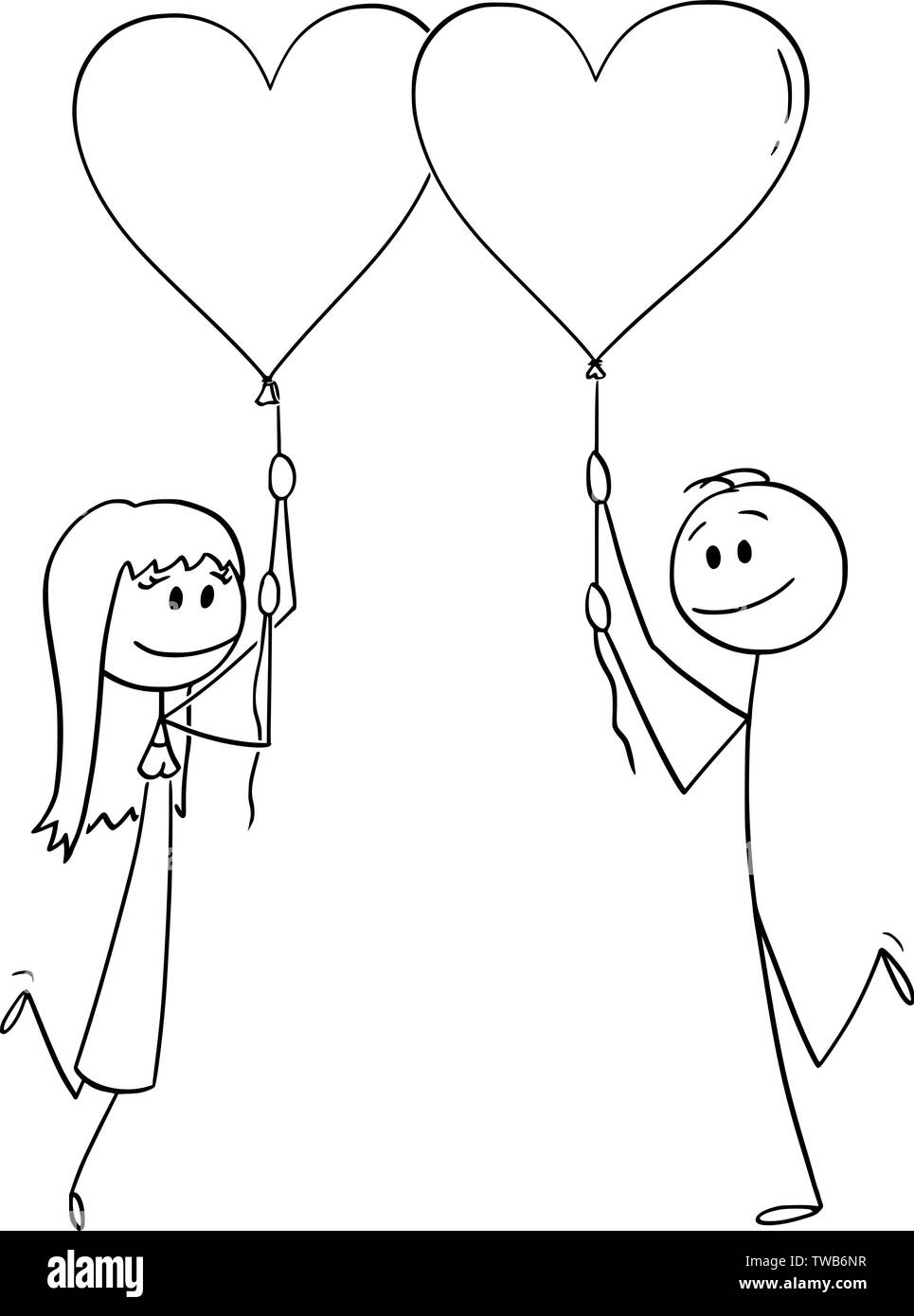 Vector cartoon stick figura disegno illustrazione concettuale della coppia eterosessuale dell uomo e della donna sulla data di contenimento a forma di cuore palloncini e sorridente. Illustrazione Vettoriale