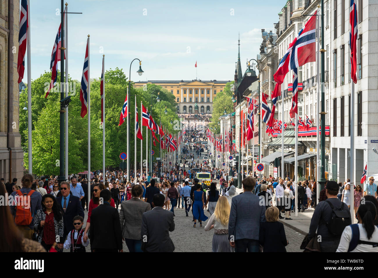Oslo Norvegia, vista in estate lungo la Karl Johans Gate verso il Palazzo Reale, il centro di Oslo, 17 maggio, Norvegia. Foto Stock