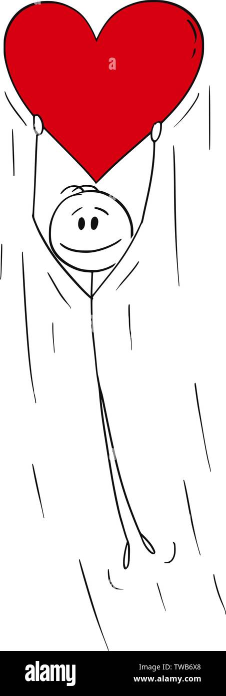 Vector cartoon stick figura disegno illustrazione concettuale dell'uomo in amore azienda big red battenti palloncino gonfiabile. Illustrazione Vettoriale