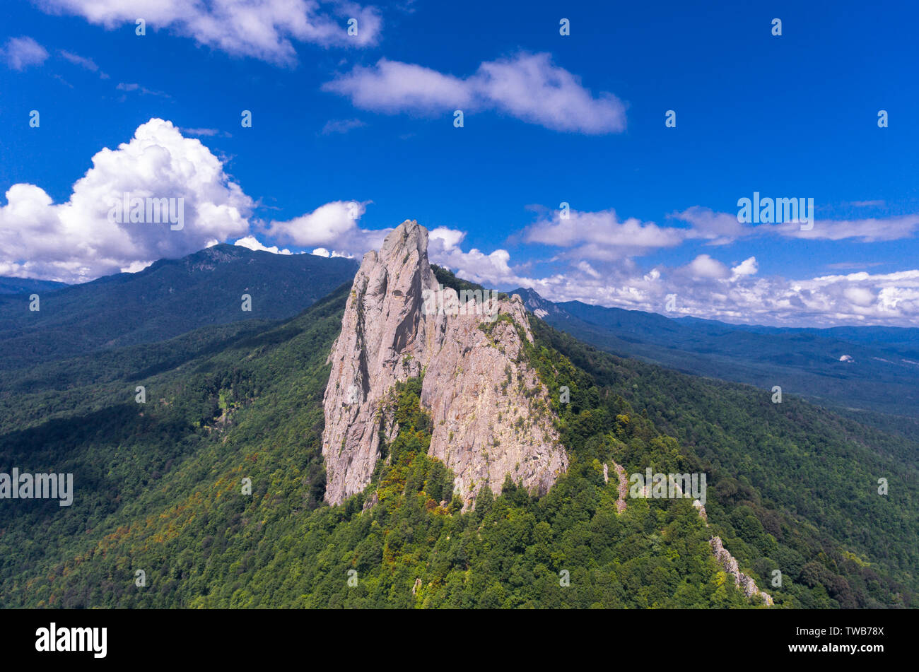 La roccia che fuoriescono dalla foresta. Vista aerea. Foto Stock