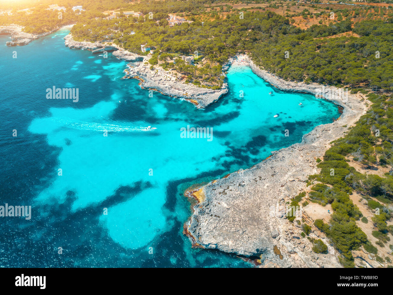 Vista aerea del mare con acqua blu, spiaggia sabbiosa, alberi verdi Foto Stock
