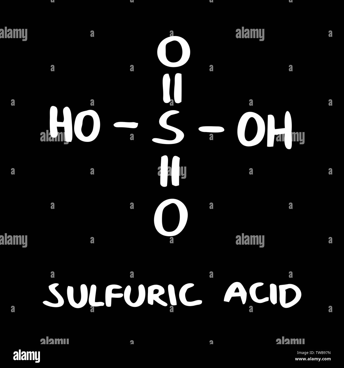 Freehand illustrazione dell'acido solforico formula su sfondo scuro Illustrazione Vettoriale