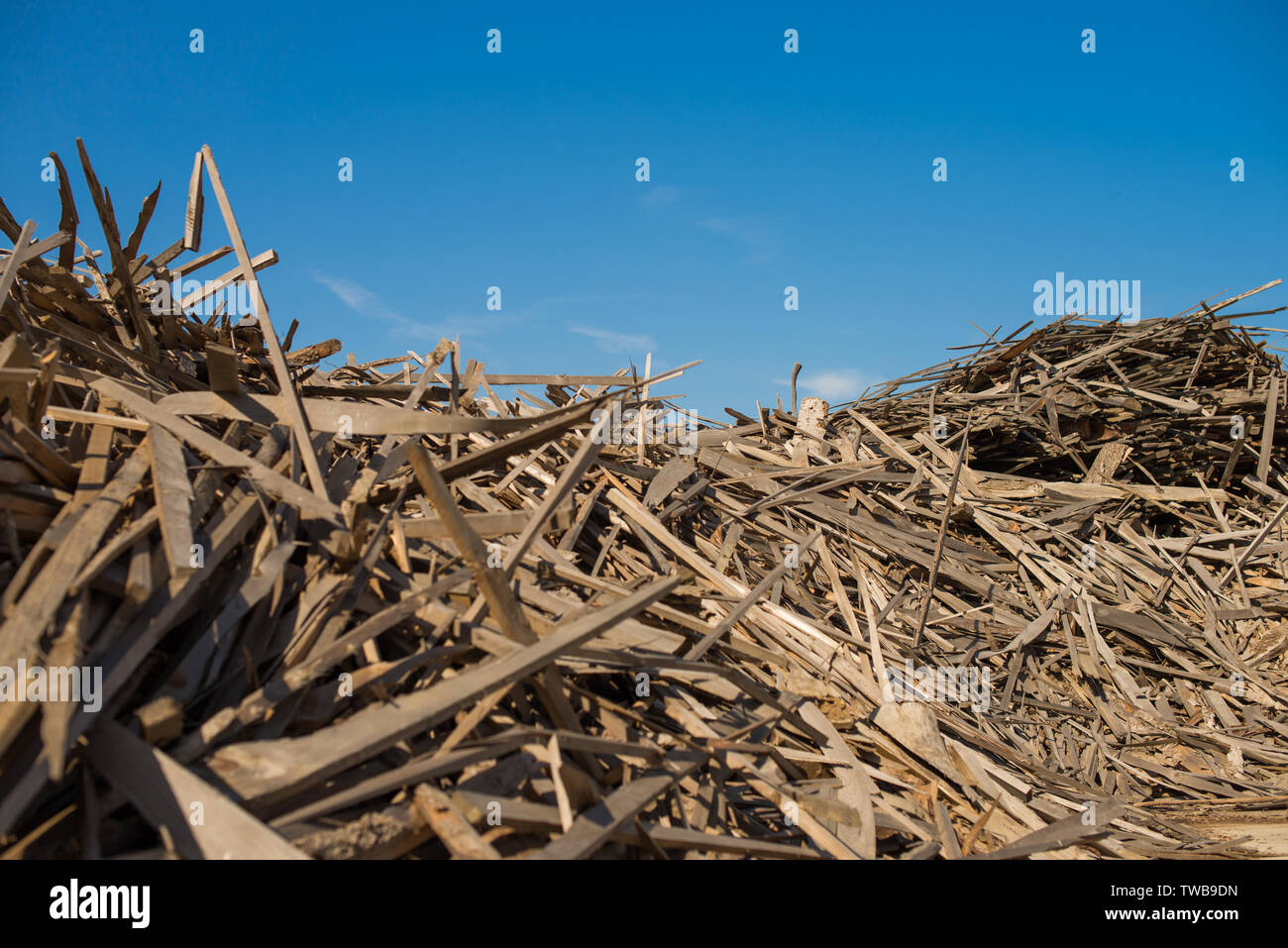 Vecchi rifiuti di legno di pile sotto il cielo aperto. Foto Stock