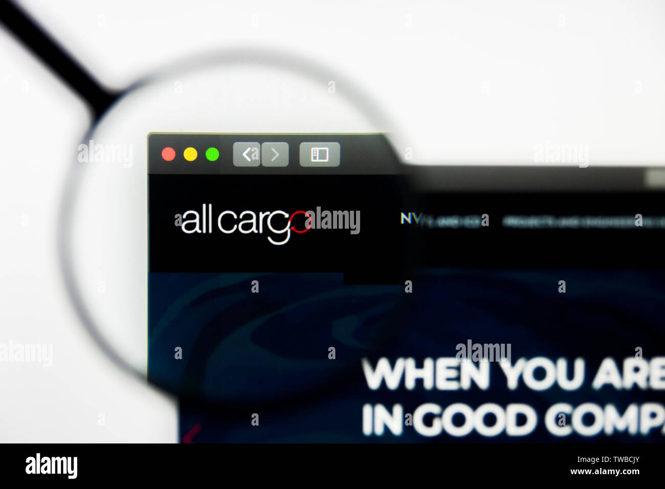 New York, nello Stato di New York, Stati Uniti d'America - 18 Giugno 2019: Editoriale illustrativa della logistica Allcargo website homepage. Logistica Allcargo logo visibile sullo schermo Foto Stock