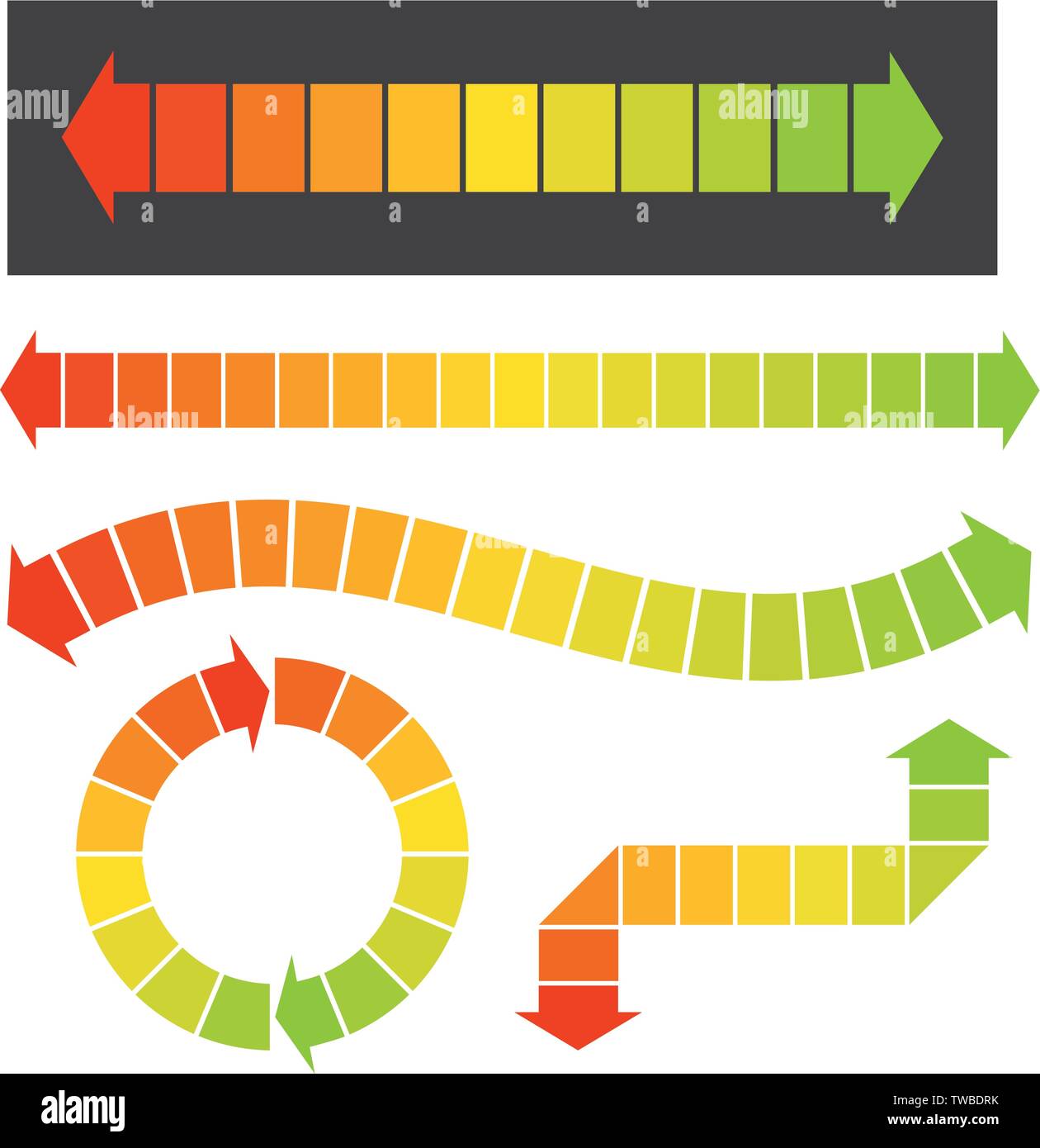Set di 5 freccia colorata o elemento grafico illustrazioni per una infografica o design grafico. Il colore cambia da rosso a arancione da giallo a verde. Illustrazione Vettoriale