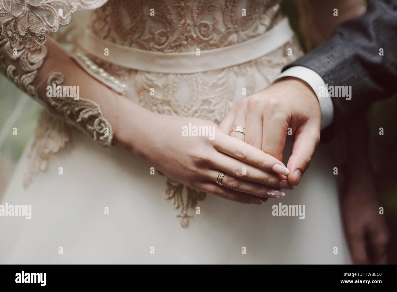 Sposa e lo sposo con le mani gli anelli di nozze. L'impegno e il concetto di amore. Foto Stock