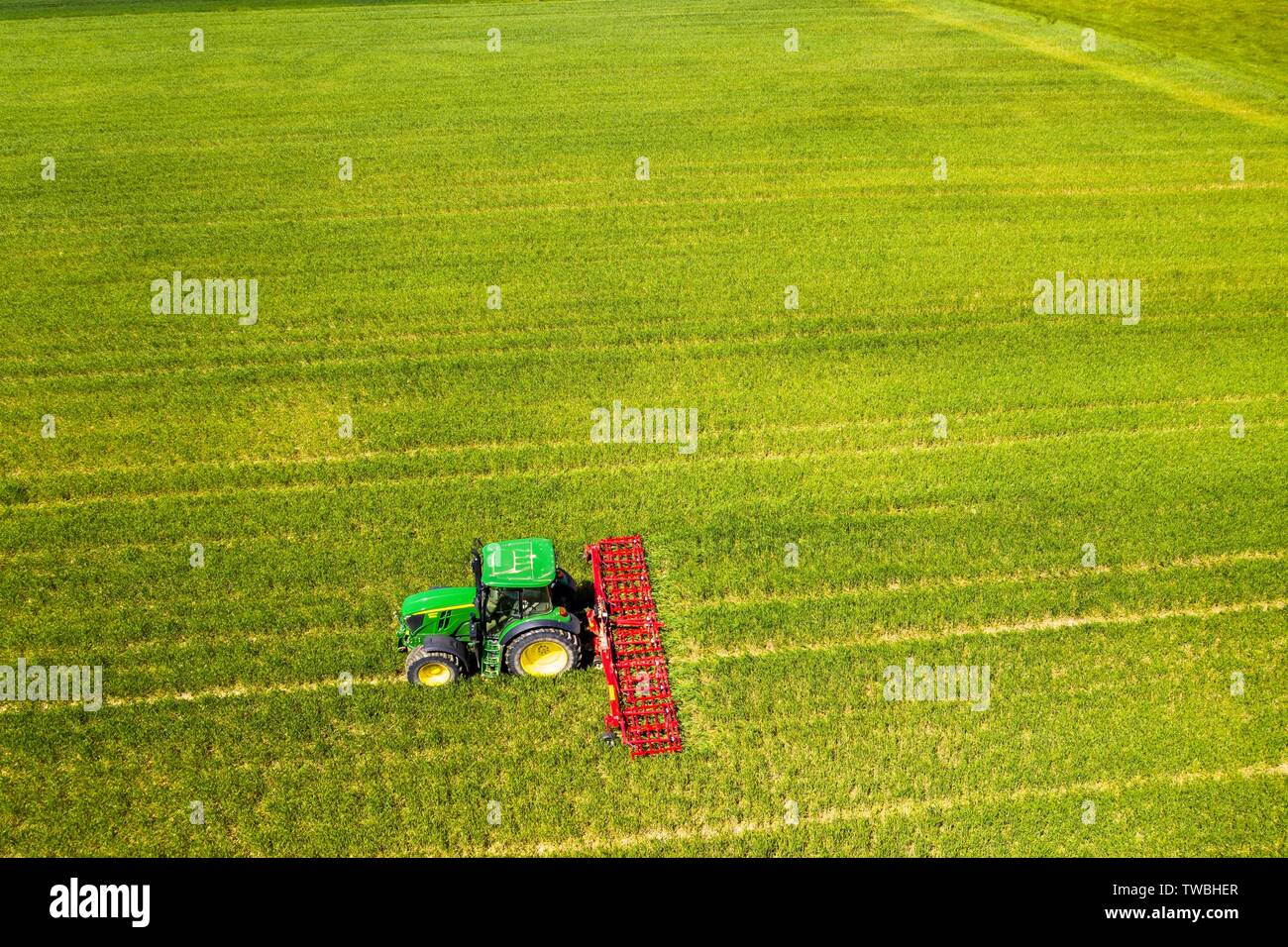 Drone shot, il trattore lavora su un campo, Hesse, Germania Foto Stock