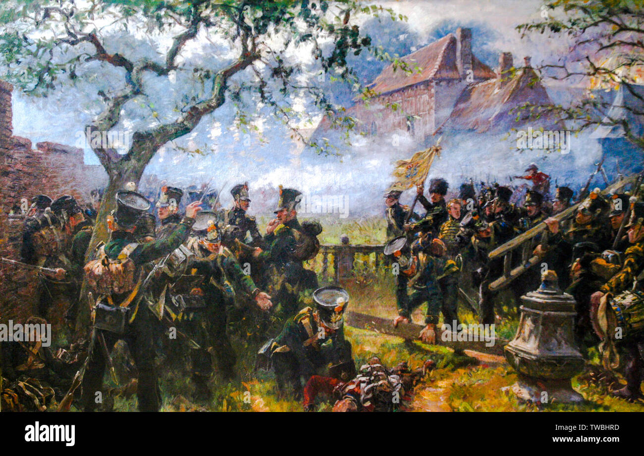 Nassau truppe a Hougoumont durante la Battaglia di Waterloo, pittura, 1858-1933 Foto Stock