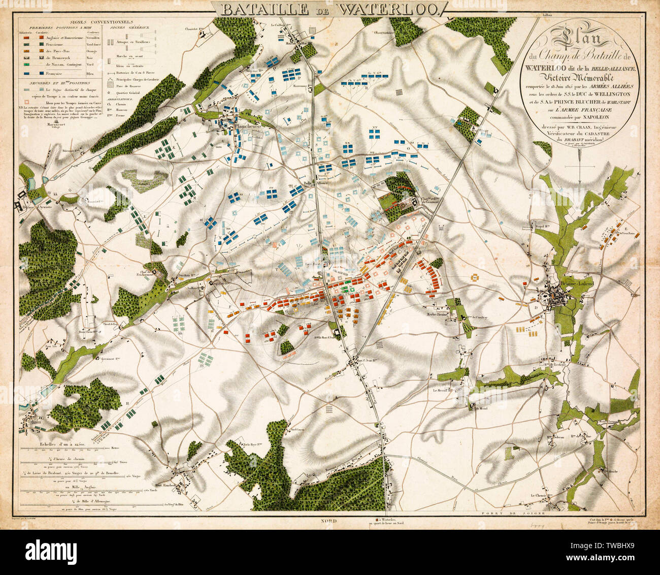 Mappa della Battaglia di Waterloo, stampa 1816 Foto Stock