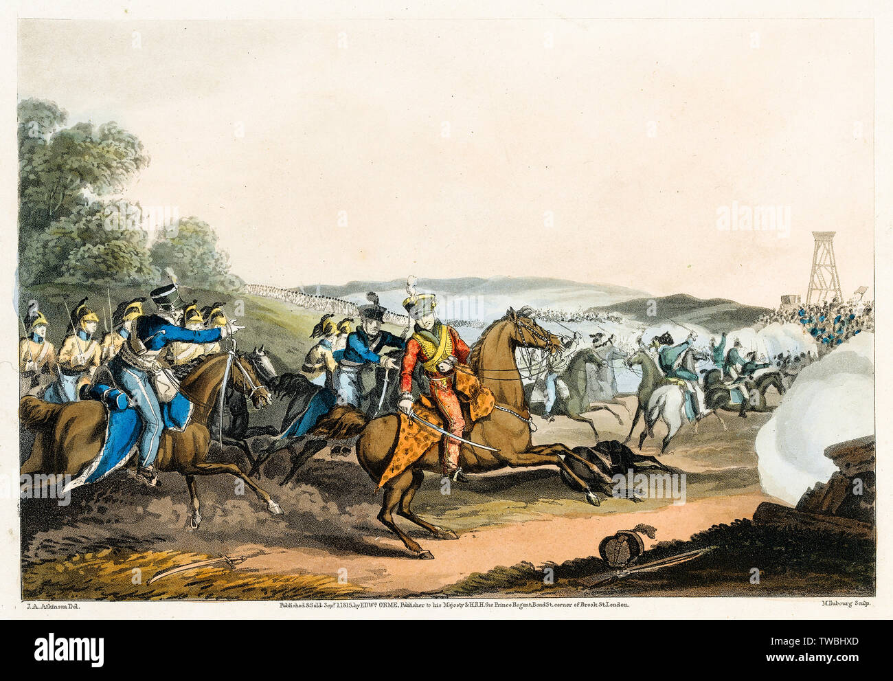 Il marchese di Anglesey feriti mentre conduce una carica di cavalleria pesante al termine della battaglia di Waterloo, Giugno 18, 1815, stampa 1815-1850 Foto Stock