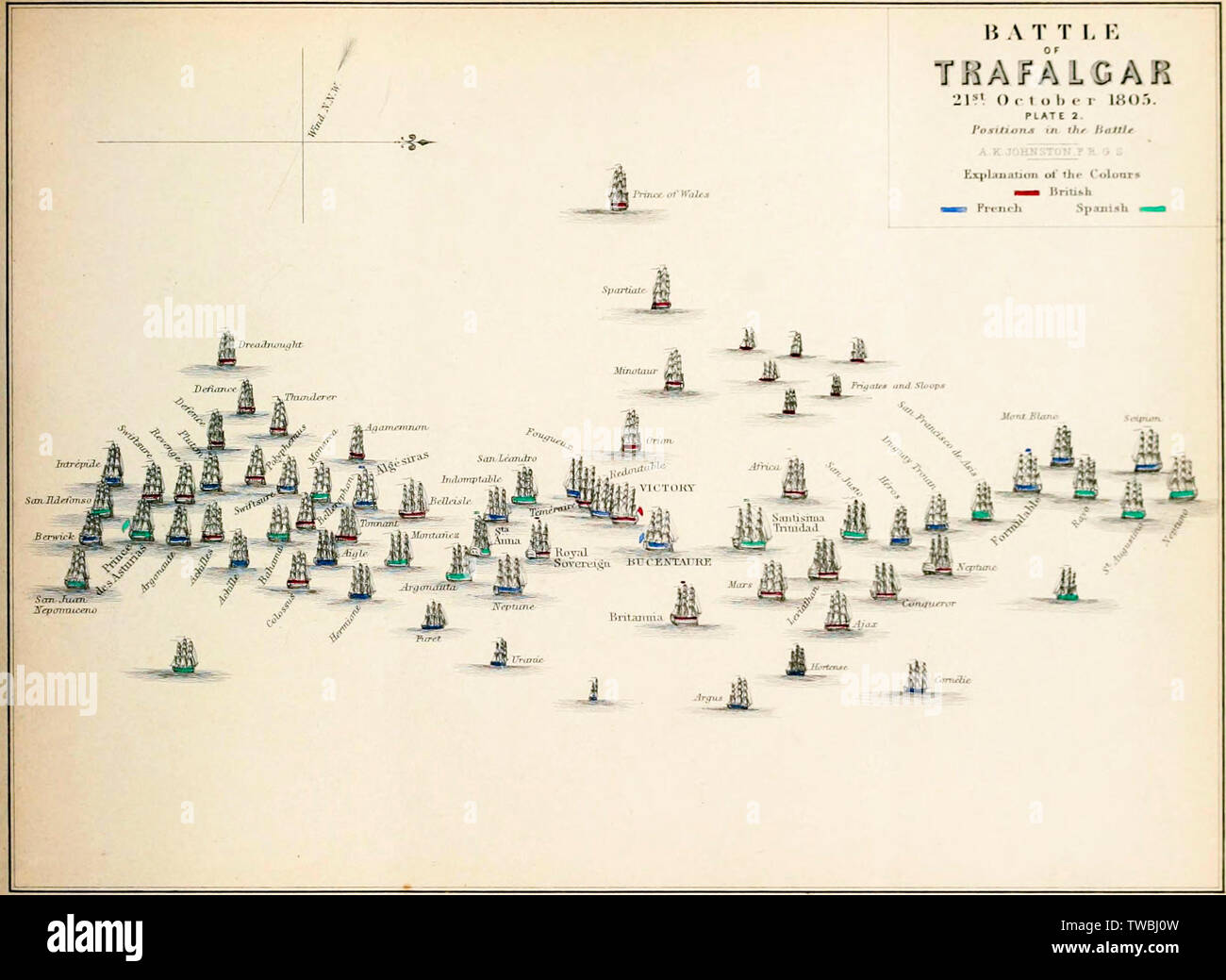 Mappa della Battaglia di Trafalgar, 21 ottobre 1805, la piastra 2, illustrazione, 1848 Foto Stock