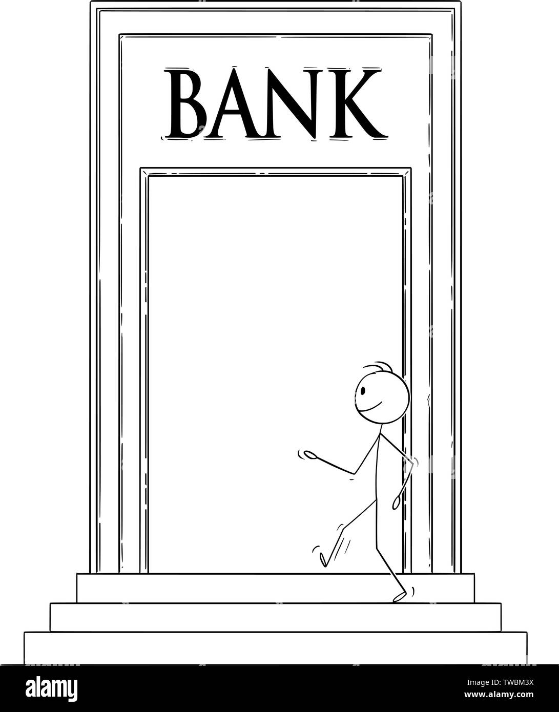 Vector cartoon stick figura disegno illustrazione concettuale di fiduciosa uomo o imprenditore camminando attraverso la grande porta e immettendo bank building. Illustrazione Vettoriale