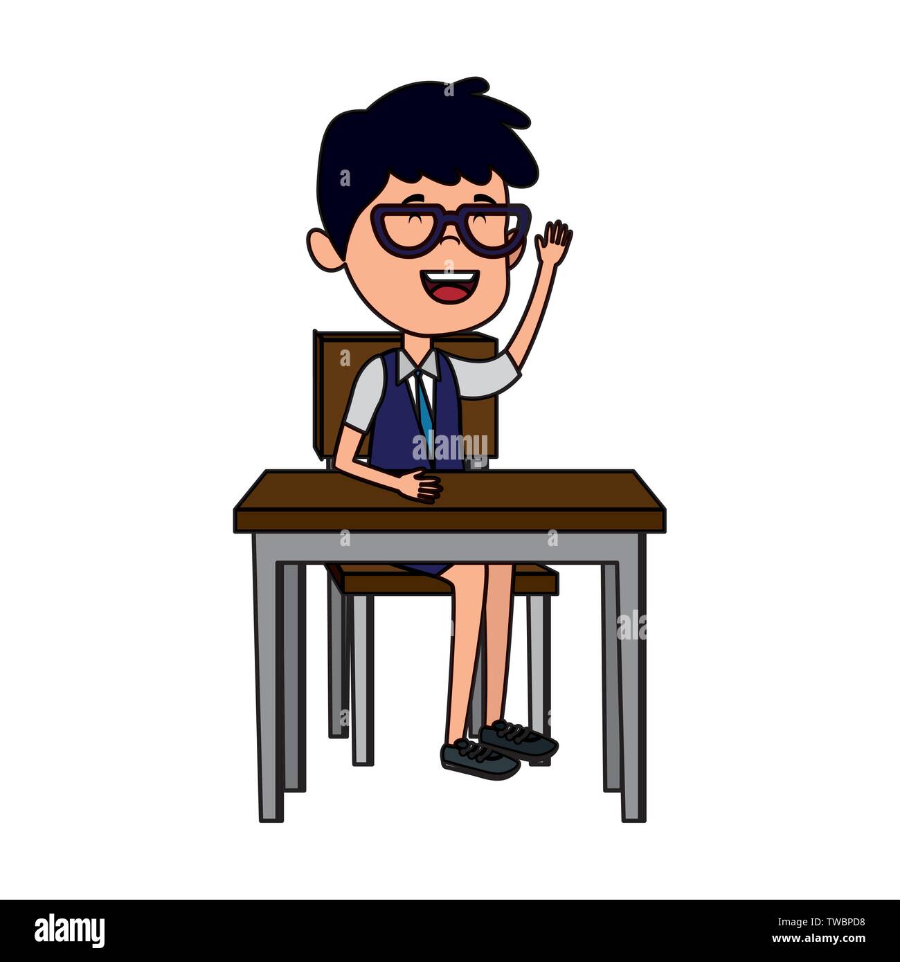 Felice studente ragazzo seduto nel banco di scuola Immagine e Vettoriale -  Alamy